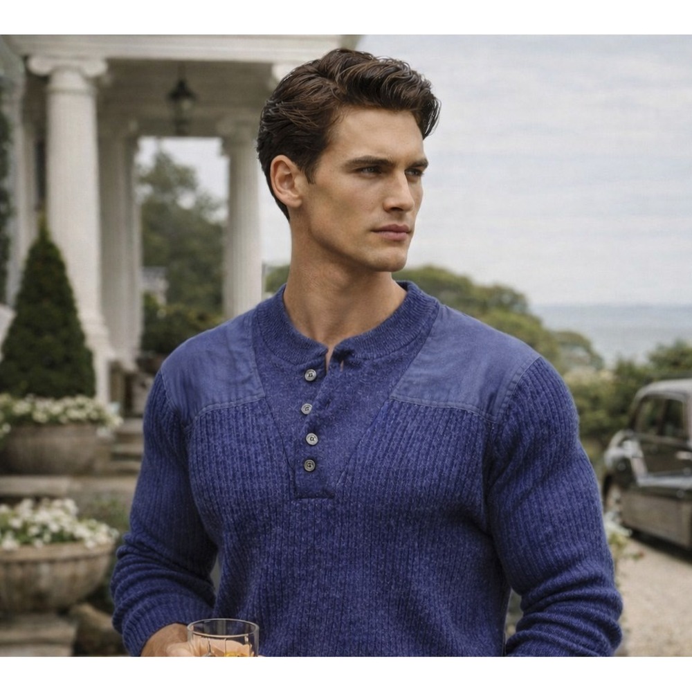 VTG LL BEAN COMMANDO HENLEY SWEATER WOOLLY PULLY BLUE MERINO PATCHES MEN XL TALL